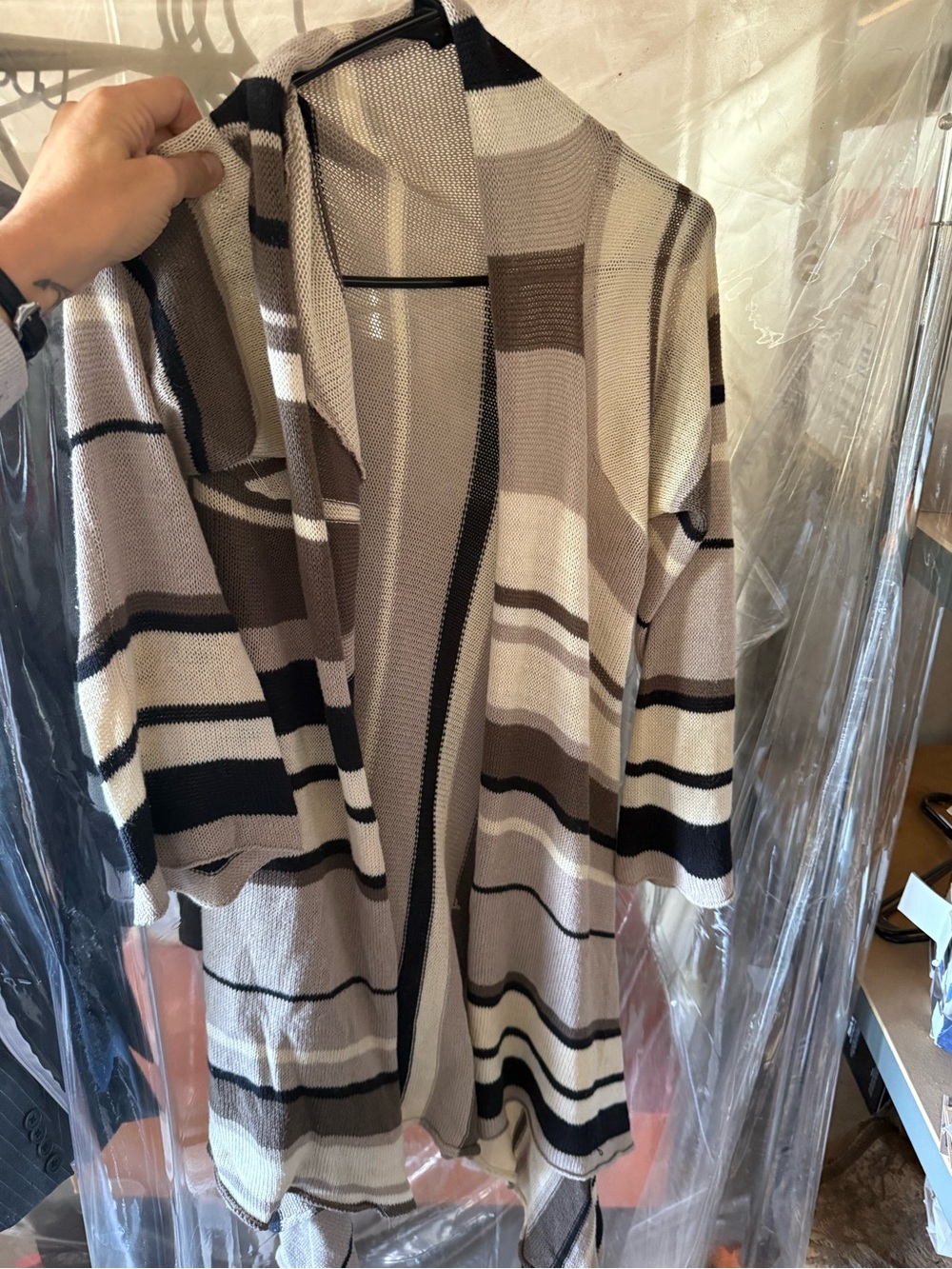 Open-Front Striped Cardigan Sweater in Taupe and Cream